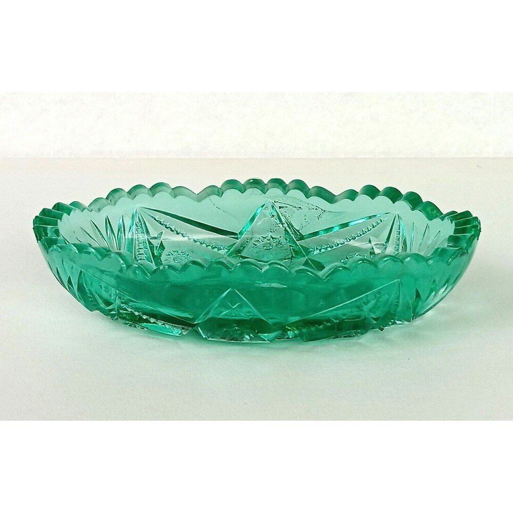 Dalzell Viking Glass Dish Teal Green Sawtooth Flowers Stars with Label READ !!!